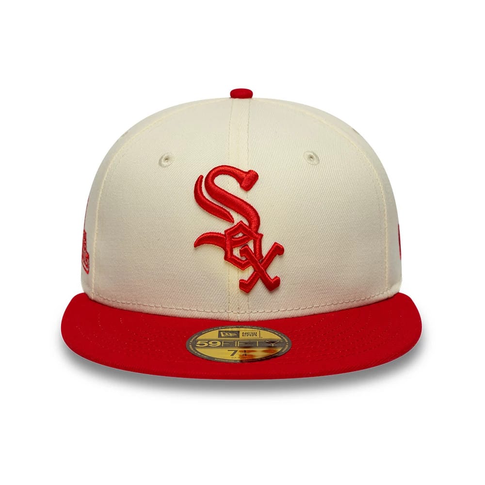 Pictured is this MLB Chrome Scarlet Chicago White Sox 59FIFTY Fitted cap in cream,. 2