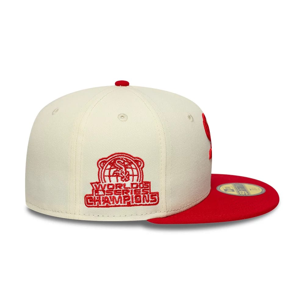 Pictured is this MLB Chrome Scarlet Chicago White Sox 59FIFTY Fitted cap in cream,. 4
