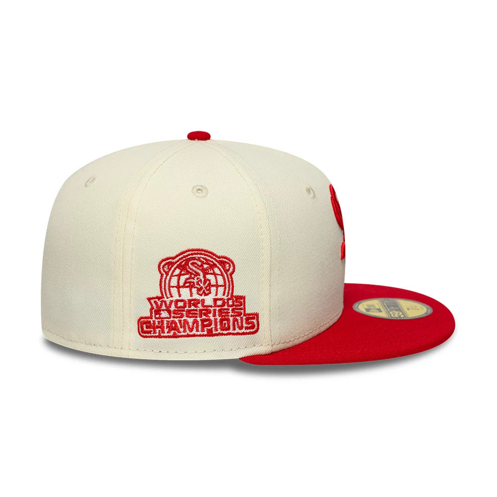 Pictured is this MLB Chrome Scarlet Chicago White Sox 59FIFTY Fitted cap in cream,. 4