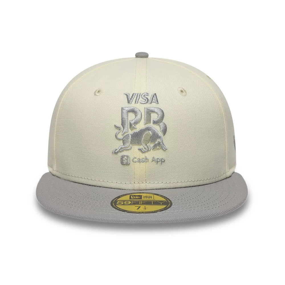 Visa Cash App Racing Bulls Cream & Grey New Era 59FIFTY Fitted Cap, front view showing a grey raised embroidered Visa logo and bull graphic centred on the cream crown, with a grey flat visor and gold 59FIFTY size sticker.