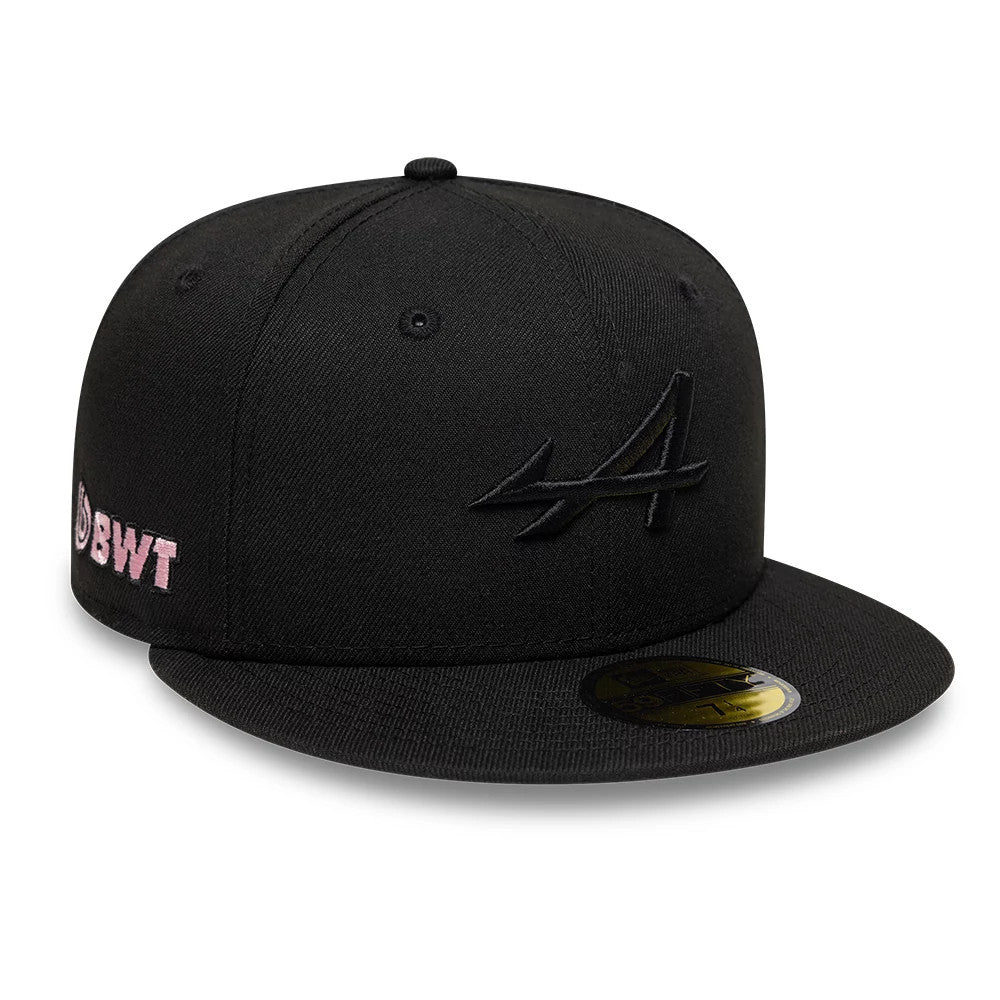 Alpine Racing Black New Era 59FIFTY Fitted Cap, front view showing a black embroidered A logo on the front panel, a flat black visor with a gold 59FIFTY size sticker, and a pink BWT logo on the left side.