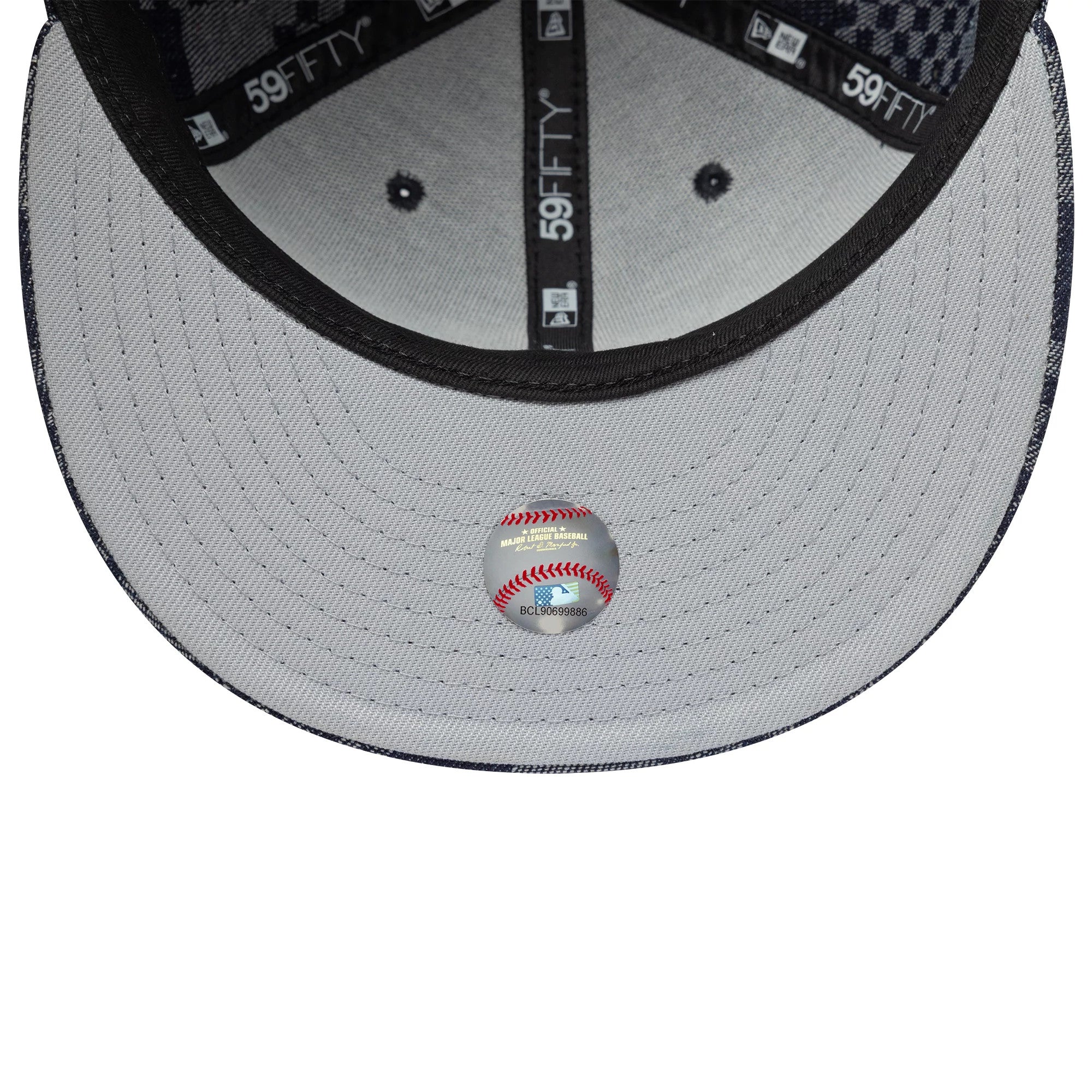 Pictured is this MLB Denim New York Yankees 59FIFTY Fitted cap in blue. 2