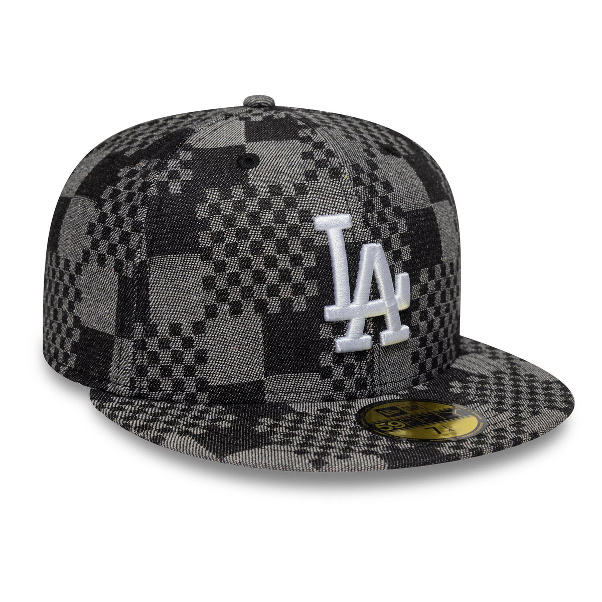 LA Dodgers MLB Denim Black New Era 59FIFTY Fitted Cap, three-quarter view showing a white embroidered LA logo on the front panel, a distinctive black and grey checkered denim pattern, and the gold 59FIFTY size sticker on the flat visor.
