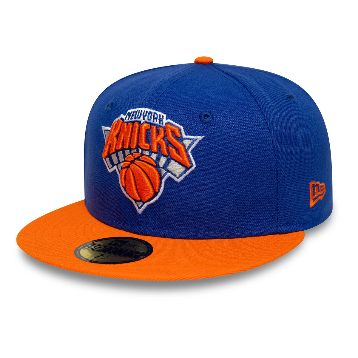 Pictured is this NBA Champs 2025 - 2026 New York Knicks 59FIFTY Fitted cap in blue and orange. 4