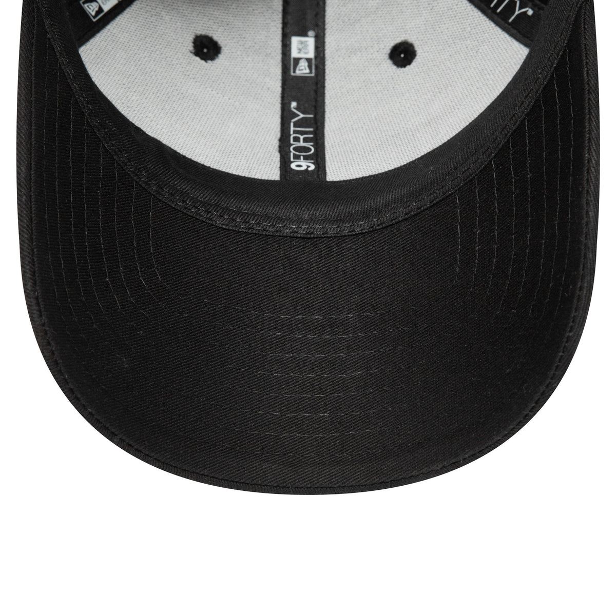 New York Yankees Essential Black on Black New Era 9FORTY Cap, inside view showing the black undervisor, grey inner panels with black taping, and a central 9FORTY logo on the taping.