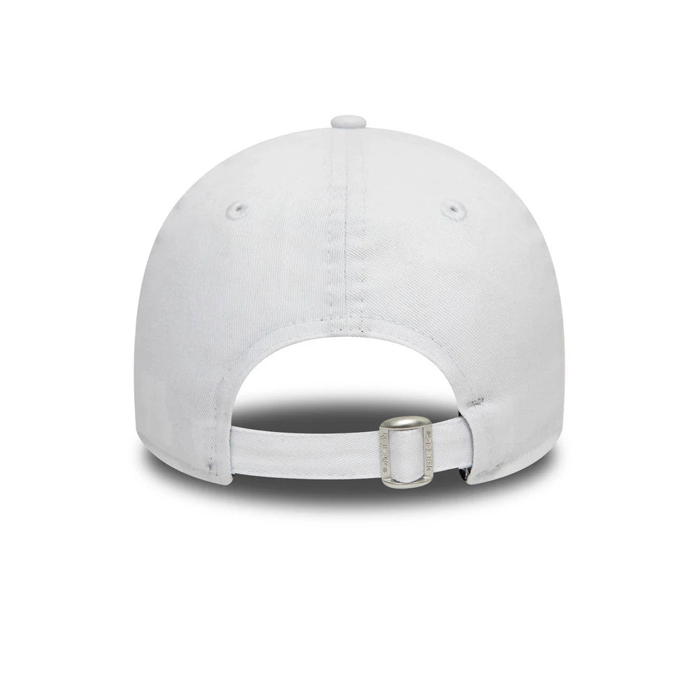 New York Yankees Essential Womens White New Era 9FORTY Cap, rear view showing the adjustable strap with buckle, white embroidered eyelets on the structured panels, and curved visor in a clean white finish.