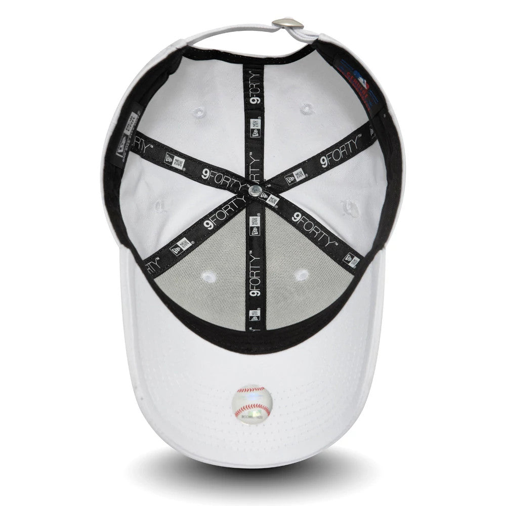 New York Yankees Essential Womens White New Era 9FORTY Cap, inside view showing black branded taping with white 9FORTY lettering, a grey undervisor, and an adjustable strap at the back, set against the white structured crown.