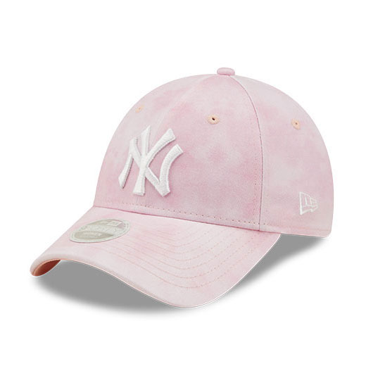pink women's cap with new york yankees logo on the front and new era logo on the left side