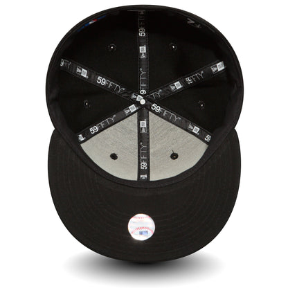 New York Yankees Essential Black New Era 59FIFTY Cap, inside view showing black taping with 59FIFTY branding, a black sweatband, white undervisor, and the baseball sticker on the underside of the visor.