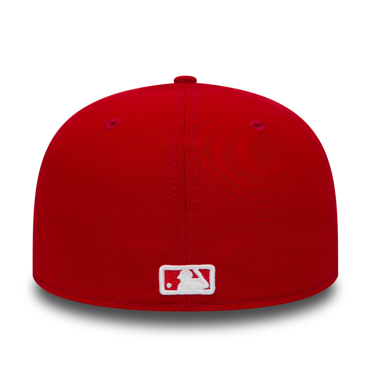 New York Yankees Essential Red New Era 59FIFTY Cap, rear view showing the white embroidered MLB Batterman logo at the centre of the back panels, set low on the structured red crown.