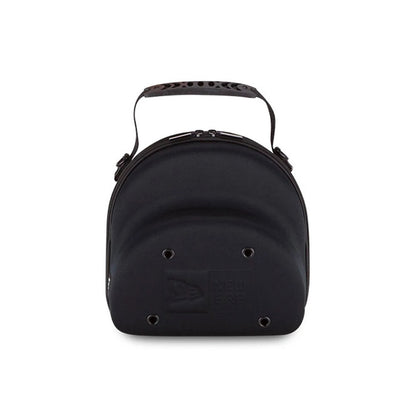 New Era Black 2 Cap Carry Case, front view showing the black shell with a debossed New Era logo near the base, a carry handle fixed to the top and eyelets spaced in the lower half above the logo.
