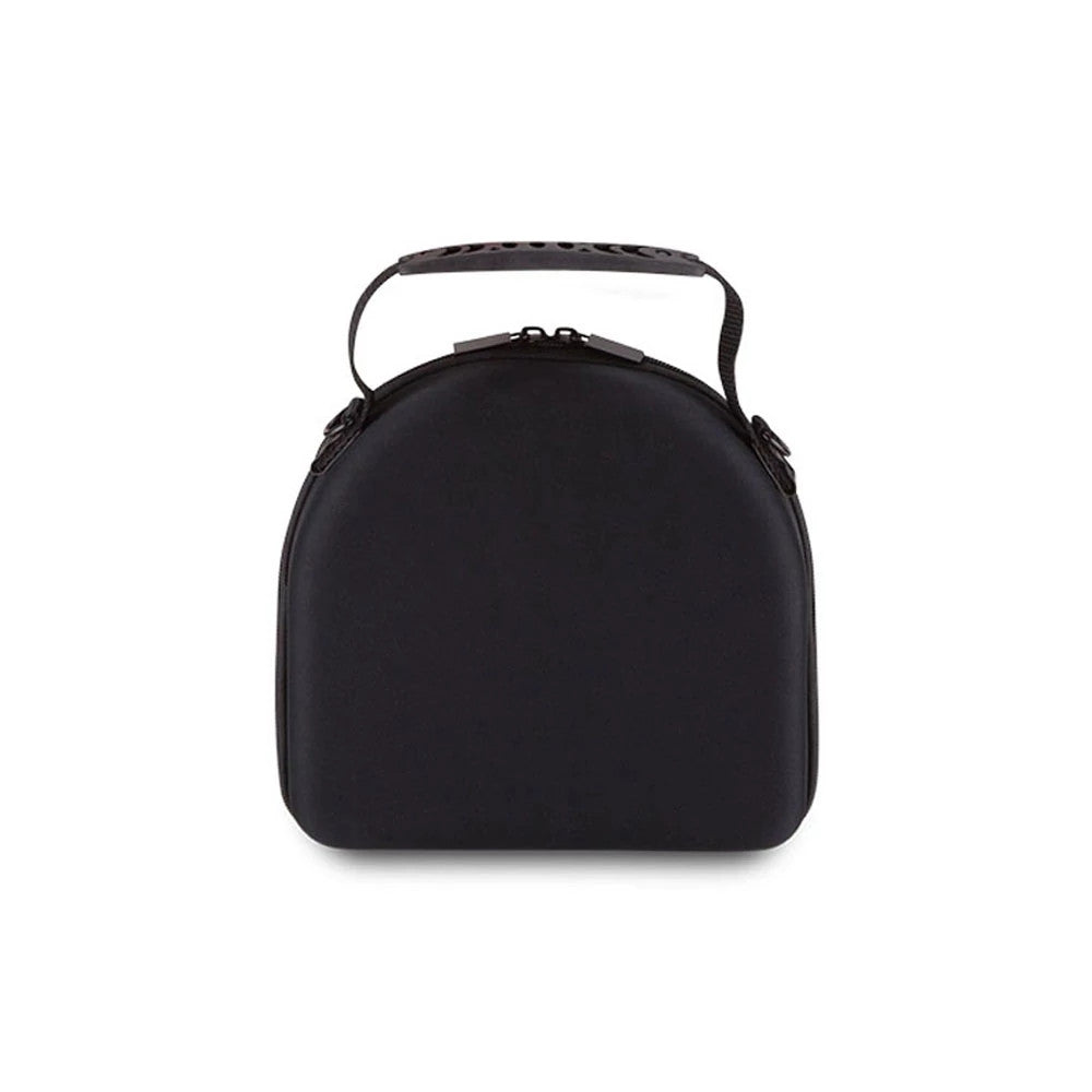 New Era Black 2 Cap Carry Case, front view showing the rounded black shell, a debossed New Era logo at the centre, a carry handle fixed to the top with eyelets, and the zip closure running along the edge.