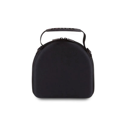 New Era Black 2 Cap Carry Case, front view showing the rounded black shell, a debossed New Era logo at the centre, a carry handle fixed to the top with eyelets, and the zip closure running along the edge.