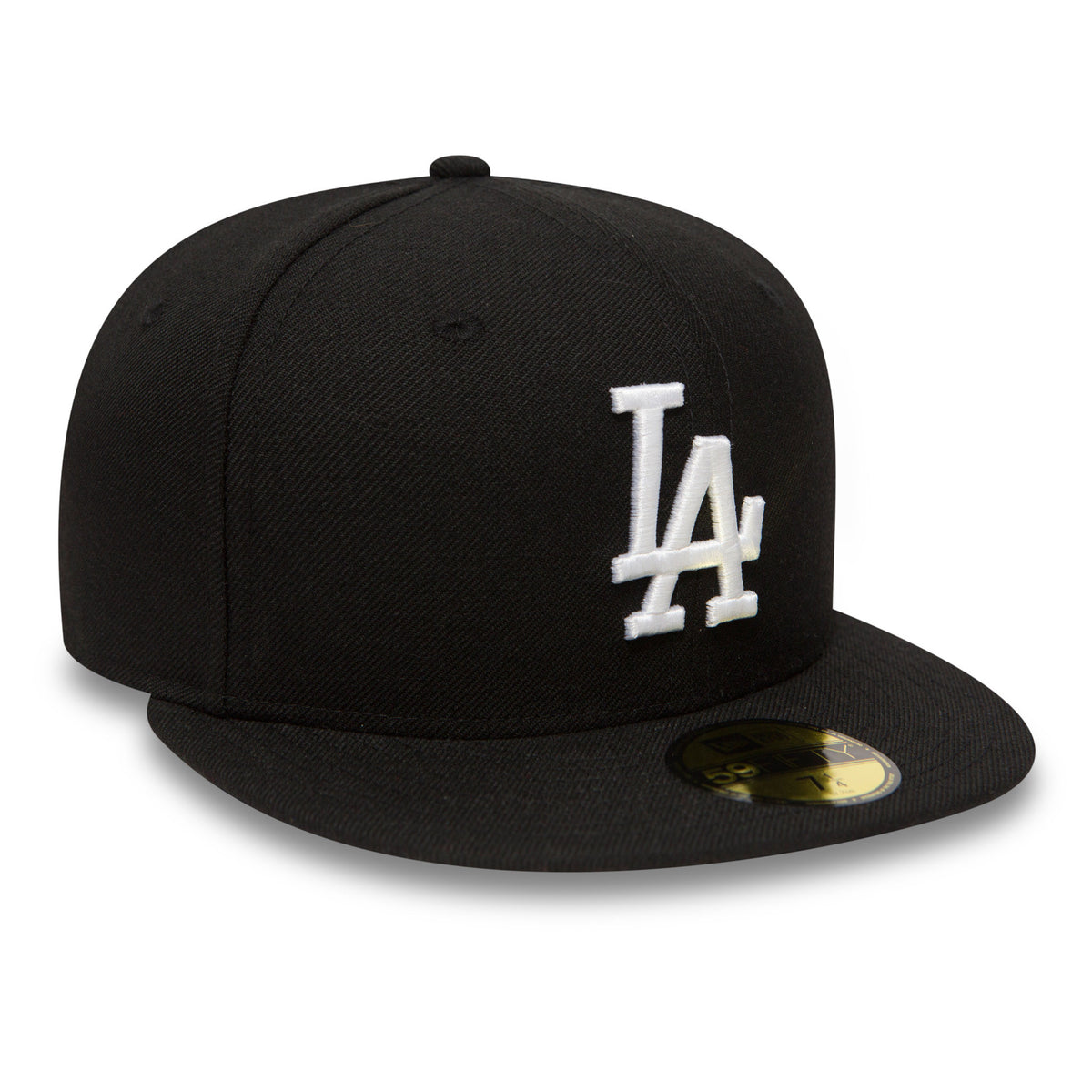 LA Dodgers Essential Black New Era 59FIFTY Cap, front view with raised white LA logo embroidered on the structured black crown and a gold 59FIFTY size sticker on the flat black visor.