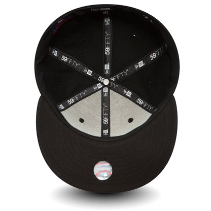 LA Dodgers Essential Black New Era 59FIFTY Cap, inside view showing black taping with 59FIFTY branding, a grey undervisor, and a 59FIFTY size sticker on the underside of the black visor.