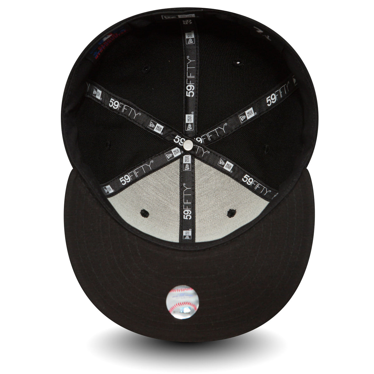 LA Dodgers Essential Black New Era 59FIFTY Cap, inside view showing black taping with 59FIFTY branding, a grey undervisor, and a 59FIFTY size sticker on the underside of the black visor.