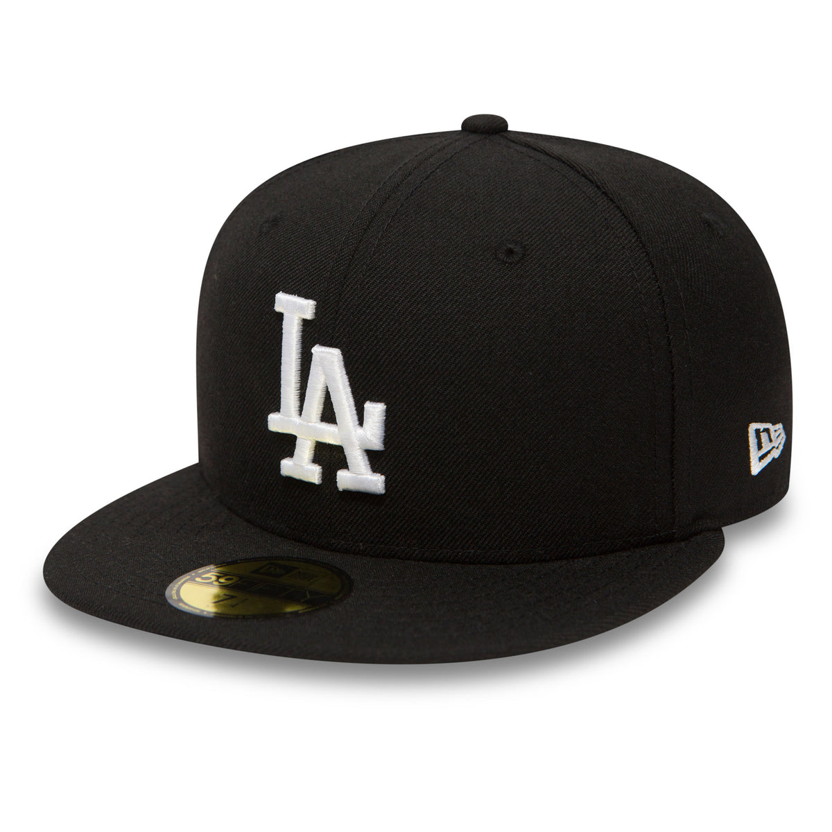 LA Dodgers Essential Black New Era 59FIFTY Cap, front view showing raised white LA logo embroidered on the front panel, black flat visor with gold 59FIFTY size sticker, and New Era flag logo on the left side.