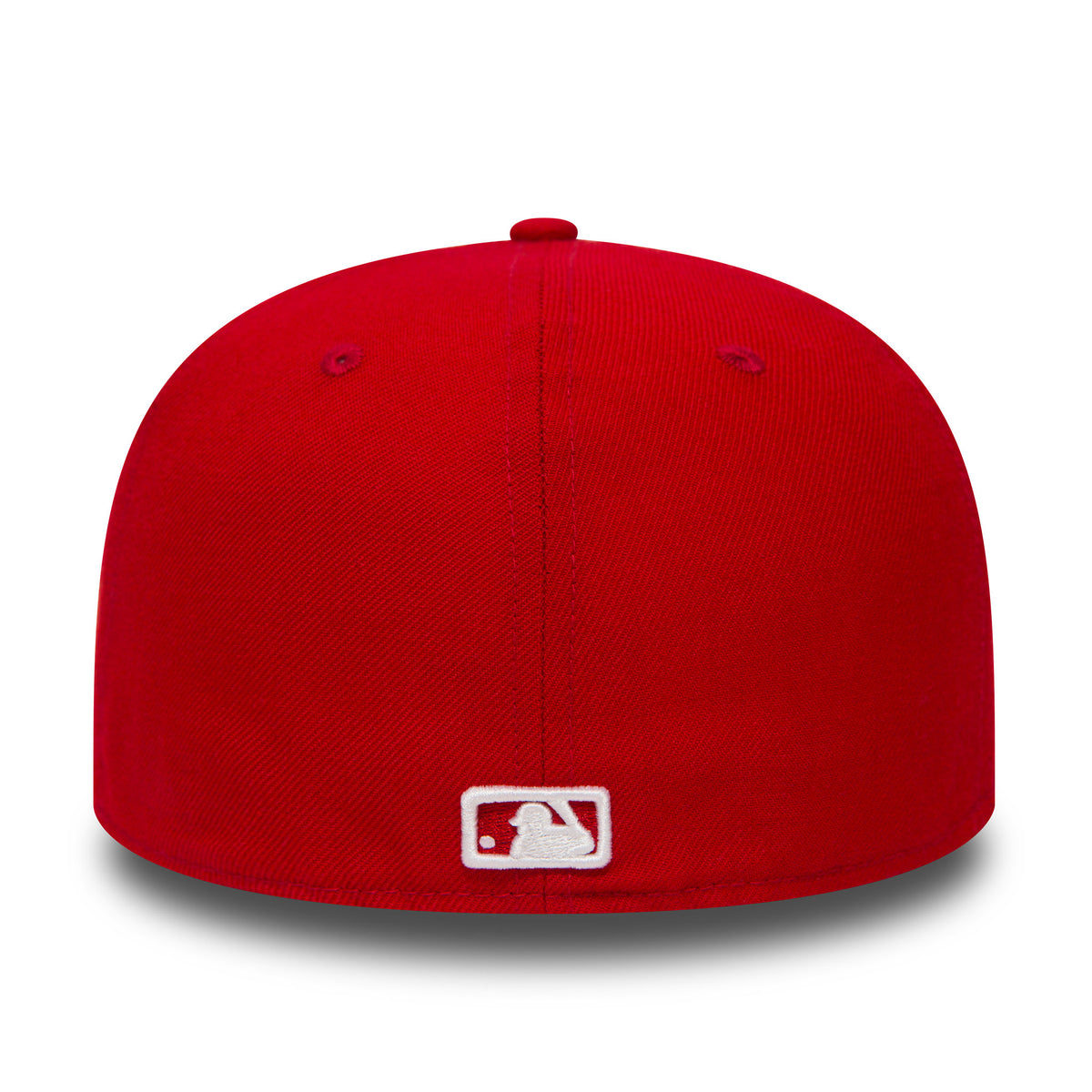 LA Dodgers Essential Red New Era 59FIFTY Cap, rear view showing the white MLB Batterman logo embroidered at the centre back of the red structured crown with matching red top button and eyelets.