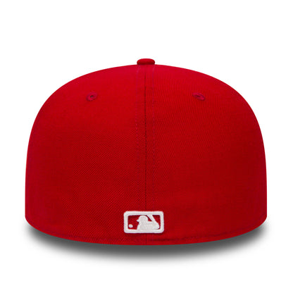 LA Dodgers Essential Red New Era 59FIFTY Cap, rear view showing the white MLB Batterman logo embroidered at the centre back of the red structured crown with matching red top button and eyelets.