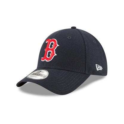 Boston Red Sox The League Blue New Era 9FORTY Cap, three-quarter view showing the raised red and white embroidered B logo on the front panel, curved visor with a 9FORTY size sticker, and the New Era flag logo on the left side.