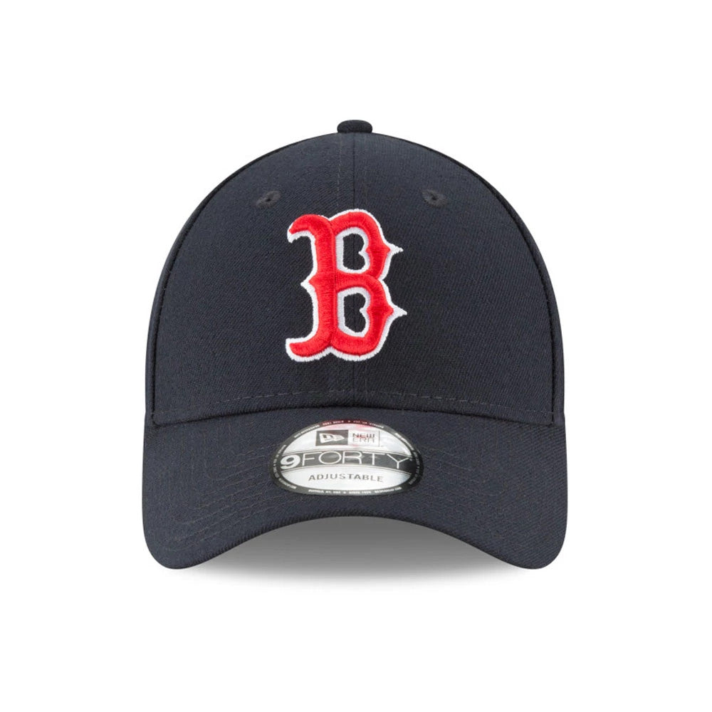 Boston Red Sox The League Blue New Era 9FORTY Cap, front view showing the raised red B logo on the front panel with a 9FORTY size sticker on the curved visor, enhanced by a navy top button and eyelets.
