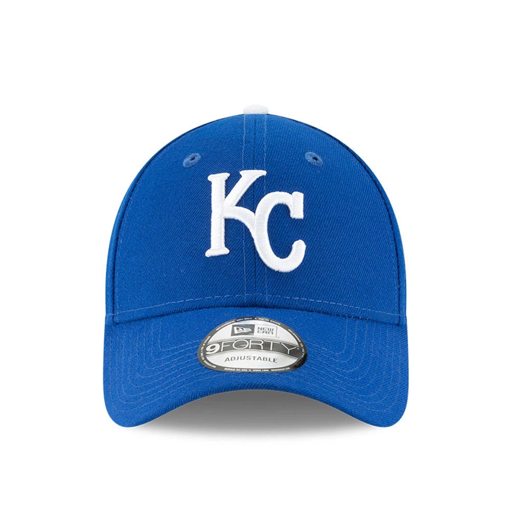 Kansas City Royals The League Blue New Era 9FORTY Cap, front view showing the raised white KC logo on the structured blue crown, with a curved visor and a 9FORTY size sticker on top.