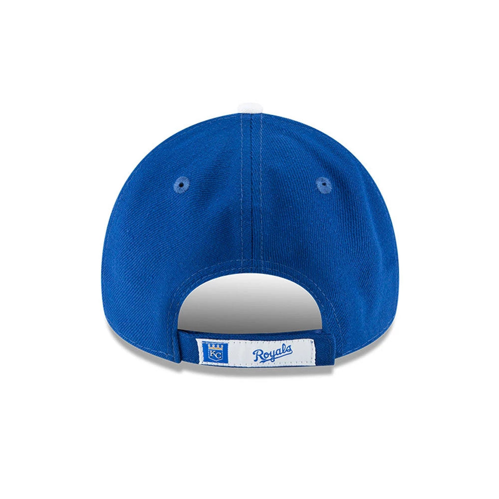 Kansas City Royals The League Blue New Era 9FORTY Cap, rear view showing an adjustable strap with a white label featuring the KC logo on the left and blue Royals script on the right, set against a structured blue crown.