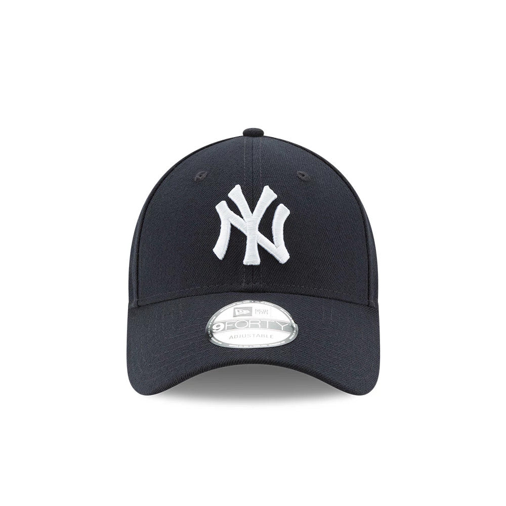New York Yankees The League Blue New Era 9FORTY Cap, front view showing the raised white embroidered NY logo on the front panel, the curved visor with a 9FORTY size sticker, and eyelets on the structured blue crown.