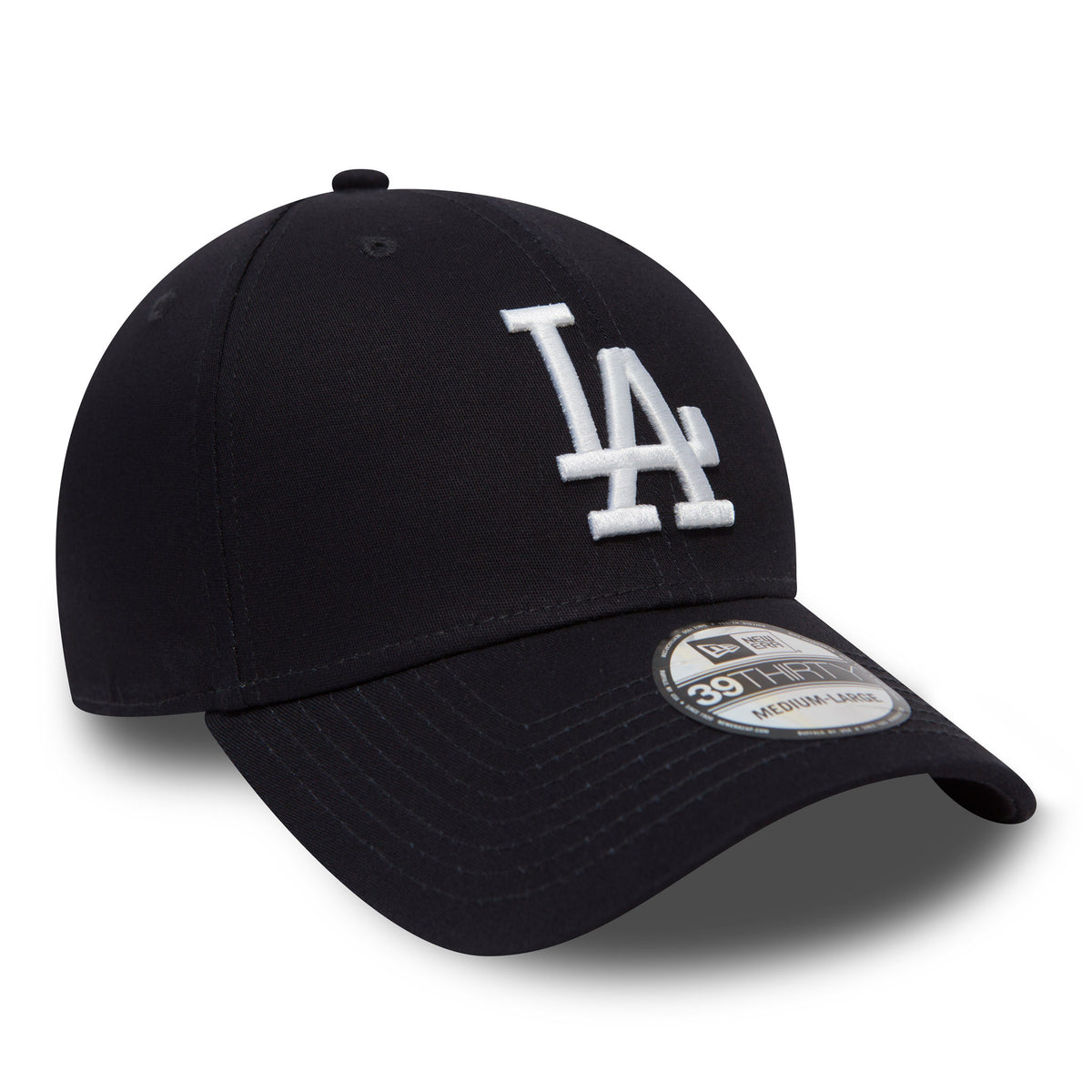 LA Dodgers Classic Navy New Era 39THIRTY Cap, three-quarter view showing raised white LA logo on the front panel, curved navy visor with a 39THIRTY size sticker, and matching navy top button and eyelets.