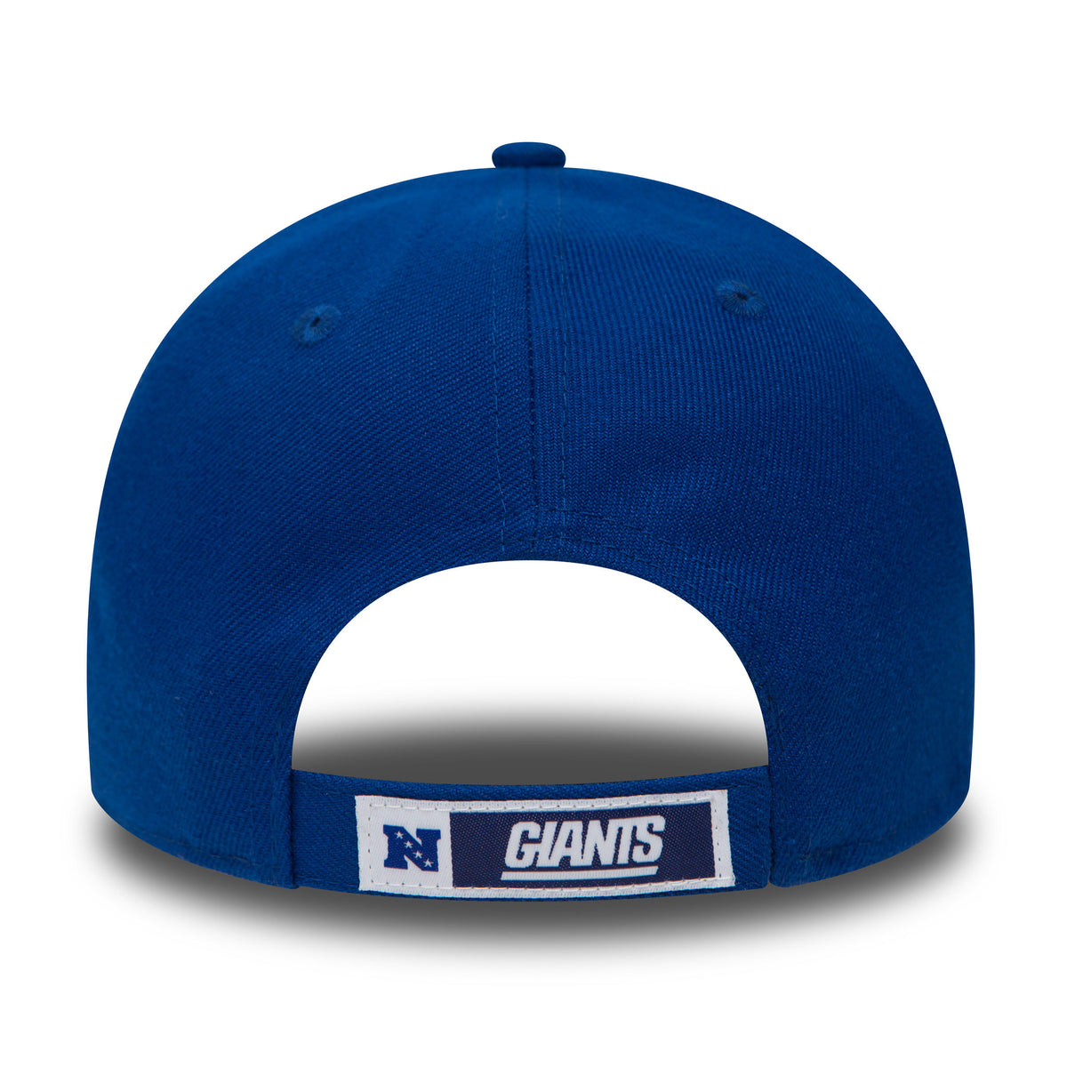 New York Giants The League Blue New Era 9FORTY Cap, rear view showing the Giants logo patch on the adjustable strap, centred on the blue crown with a top button and embroidered eyelets.