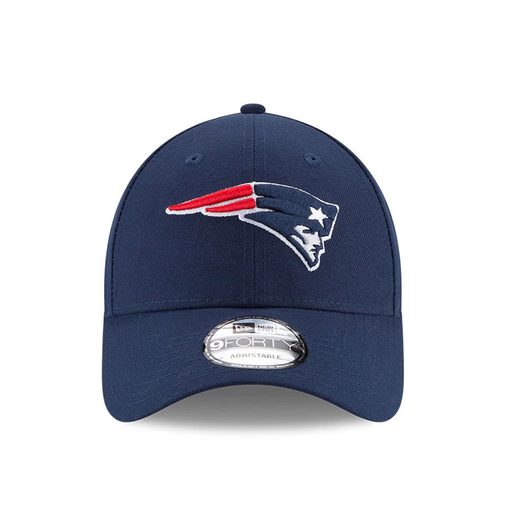 New England Patriots The League Blue New Era 9FORTY Cap, front view showing the raised embroidered Patriots logo on the structured blue crown, with a curved visor and the 9FORTY adjustable size sticker on top.