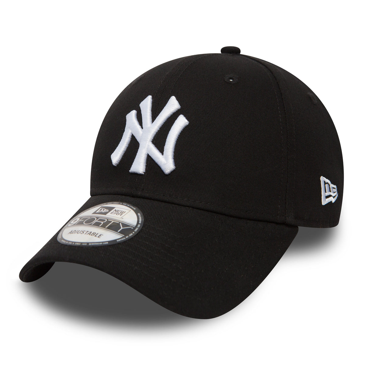 New York Yankees Essential Black New Era 9FORTY Cap, front view showing raised white NY logo on the black structured front panel, a 9FORTY size sticker on the curved black visor, and the New Era flag logo on the left side.