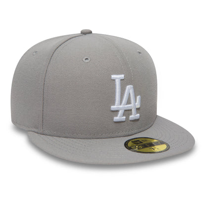 LA Dodgers MLB Basic Grey New Era 59FIFTY Fitted Cap, three-quarter view showing the raised white embroidered LA logo on the front panel, flat grey visor with a gold 59FIFTY size sticker.