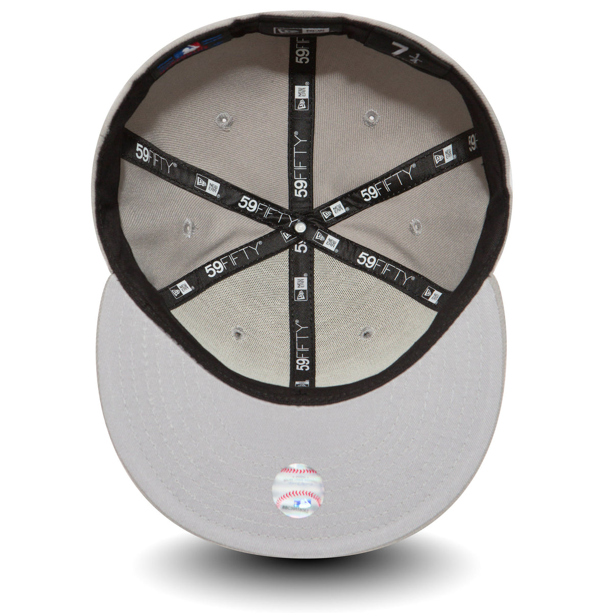 LA Dodgers MLB Basic Grey New Era 59FIFTY Fitted Cap, inside view showing the black sweatband with 59FIFTY taping across the panels, grey undervisor, and size sticker on the visor.