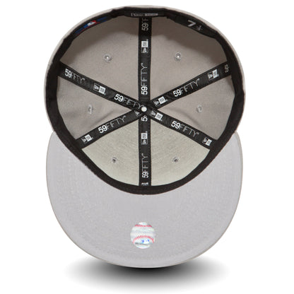LA Dodgers MLB Basic Grey New Era 59FIFTY Fitted Cap, inside view showing the black sweatband with 59FIFTY taping across the panels, grey undervisor, and size sticker on the visor.