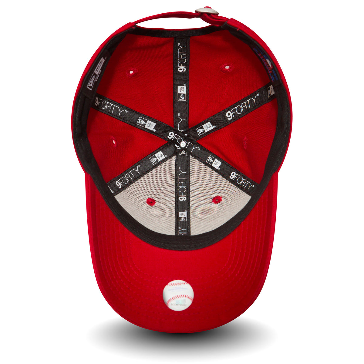 New York Yankees Youth MLB Essential Red New Era 9FORTY Cap, inside view showing black 9FORTY taping with white lettering, red eyelets on the structured crown, and a grey undervisor.