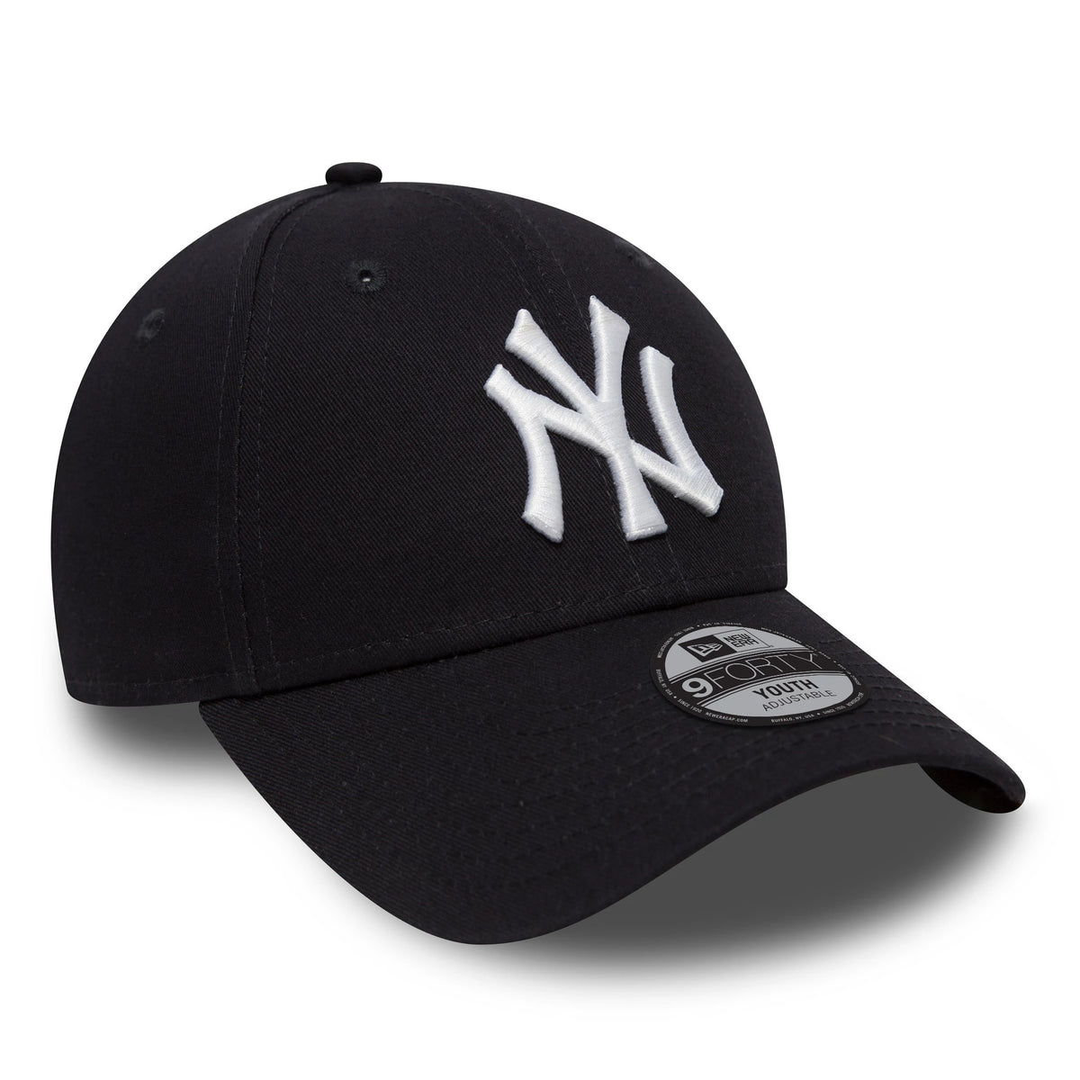 New York Yankees Essential Kids Navy New Era 9FORTY Cap, three-quarter view showing the raised white embroidered NY logo on the front panel, with a curved visor and a 9FORTY size sticker on top.