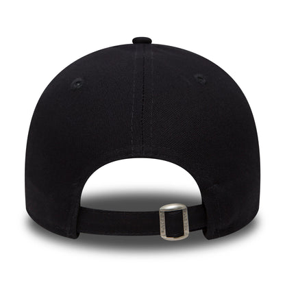 New York Yankees Essential Kids Navy New Era 9FORTY Cap, rear view showing the curved visor and silver metal buckle on the back strap, with a structured navy crown and centred top button.