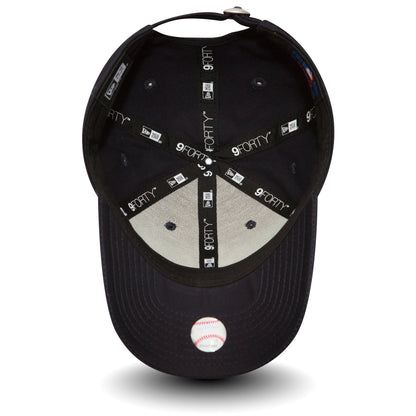New York Yankees Essential Kids Navy New Era 9FORTY Cap, inside view showing black sweatband, grey undervisor, and branded taping with the 9FORTY size sticker on the underside of the visor.