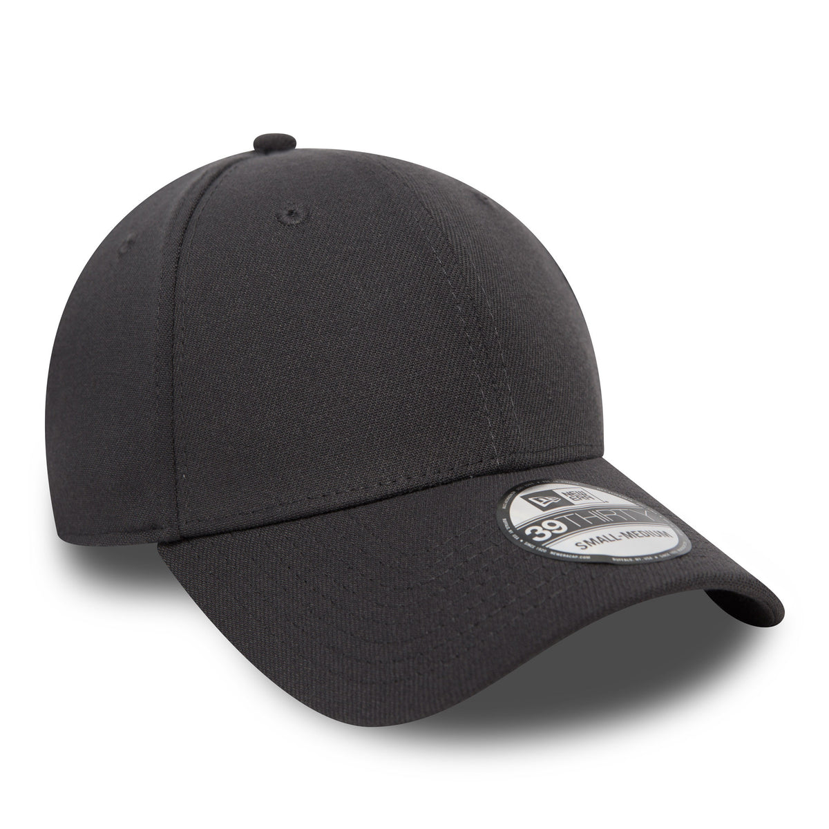 New Era Flag Graphite Grey New Era 39THIRTY Cap, three-quarter view showing a curved visor and a 39THIRTY size sticker on the structured graphite grey crown with top button and matching eyelets.