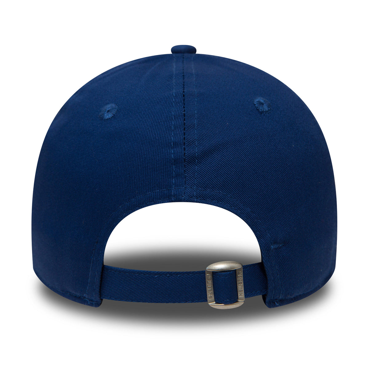 New York Yankees Essential Blue New Era 9FORTY Cap, rear view showing a metal buckle closure on the adjustable strap, centred on the blue curved crown with embroidered eyelets and a top button.