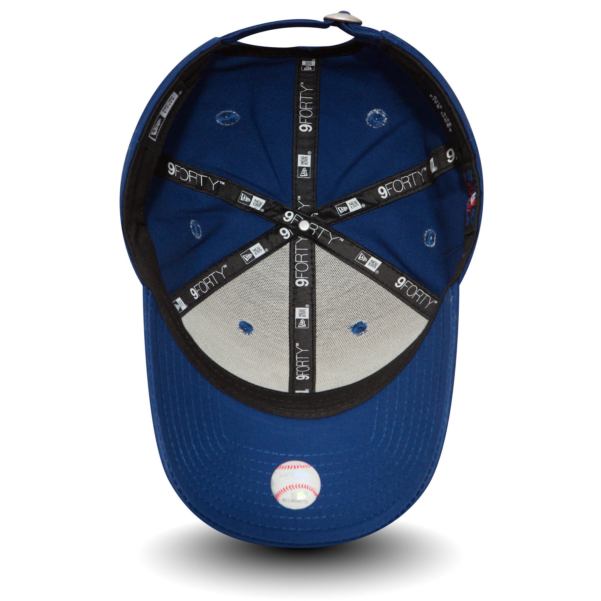 New York Yankees Essential Blue New Era 9FORTY Cap, inside view showing the black sweatband, series of grey taping with 9FORTY branding, and a grey undervisor with a baseball sticker on the blue visor.