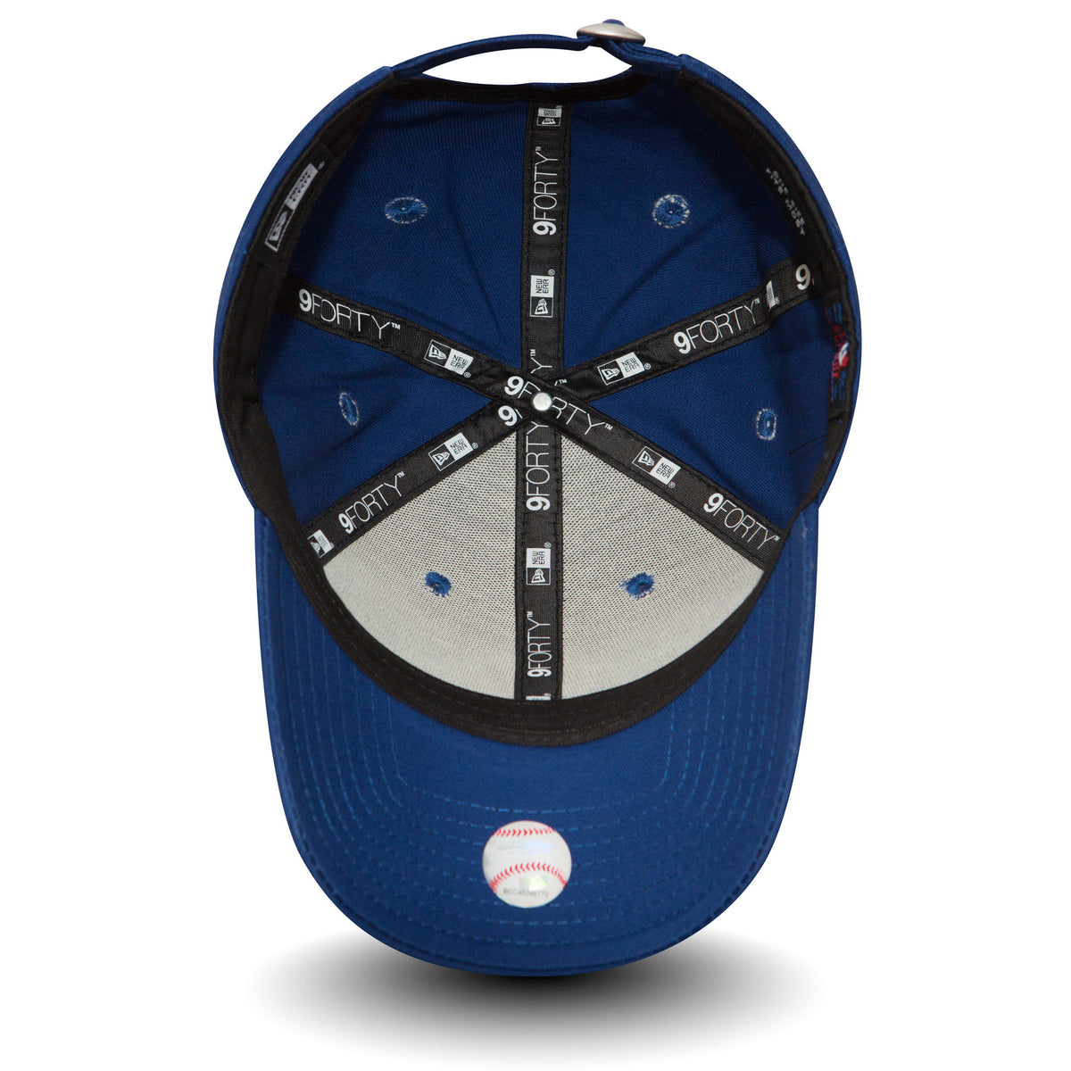 New York Yankees Essential Blue New Era 9FORTY Cap, inside view showing the black sweatband, series of grey taping with 9FORTY branding, and a grey undervisor with a baseball sticker on the blue visor.