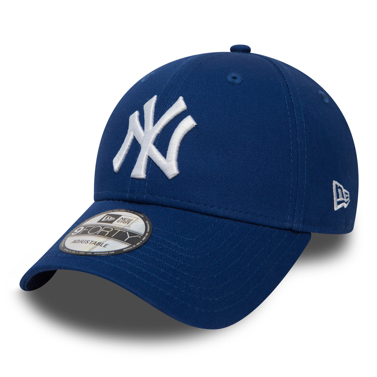 New York Yankees Essential Blue New Era 9FORTY Cap, front view showing raised white NY logo on the structured blue crown, black and white 9FORTY size sticker on the curved visor, and embroidered New Era flag logo on the left side.