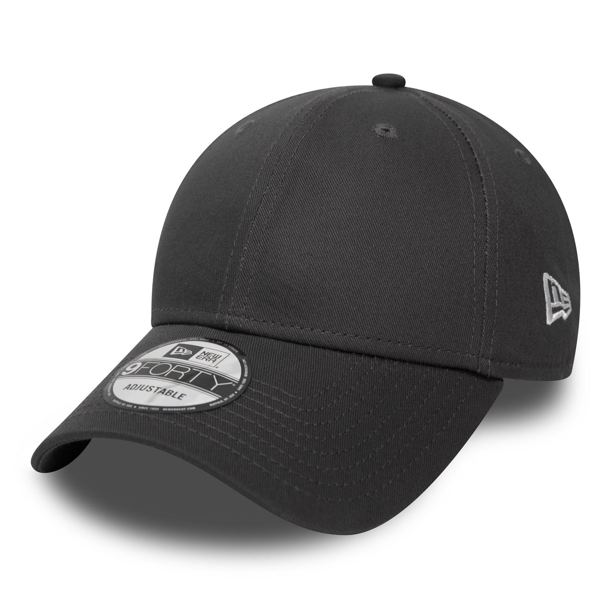 New Era Flag Charcoal Grey New Era 9FORTY Cap, three-quarter view showing a curved visor with a 9FORTY size sticker and the embroidered New Era flag logo on the left side of the structured crown.