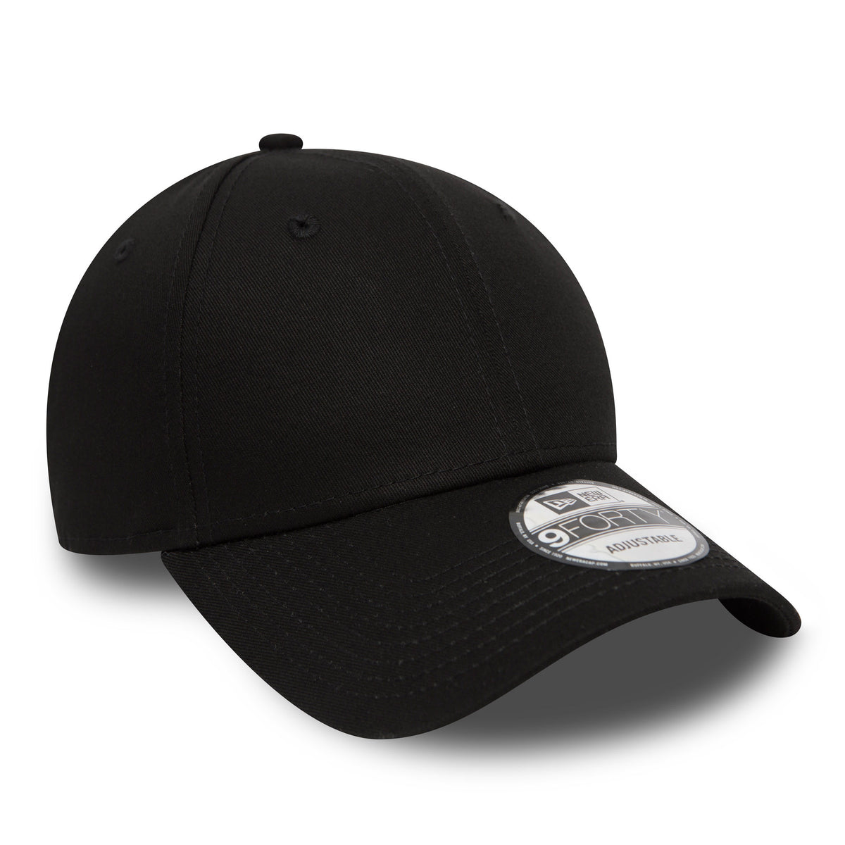 New Era Flag Black New Era 9FORTY Cap, three-quarter view showing the curved visor with black top button and visible 9FORTY size sticker, highlighting the structured front panels and six-panel design.