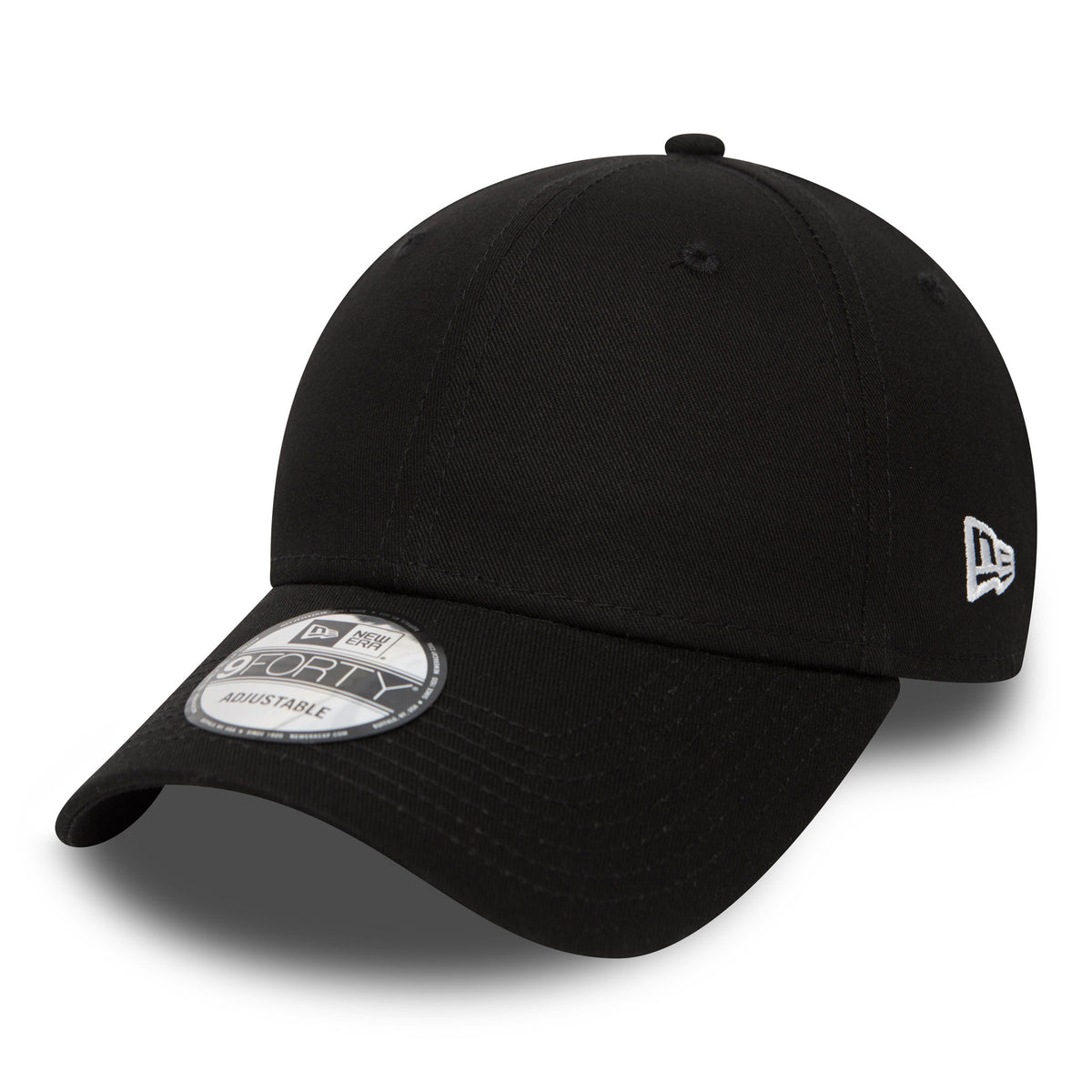 New Era Flag Black New Era 9FORTY Cap, three-quarter view with the New Era flag logo embroidered in white on the left side, curved visor with a 9FORTY size sticker, and a black top button.