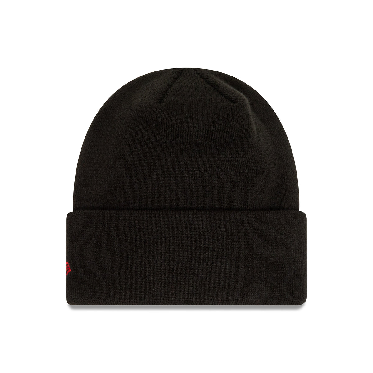 New Era Manchester United Essential Black Beanie Hat, front view with a folded cuff featuring a discrete red embroidered logo on the left side, showcasing a simple and sleek black design.