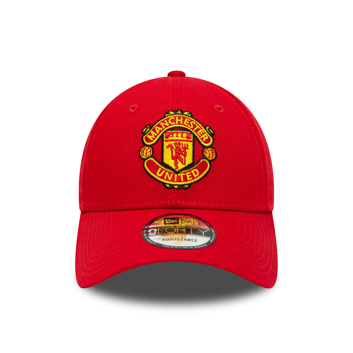 Manchester United Essential Red New Era 9FORTY Cap, front view showing the yellow and red embroidered crest logo on the front panel and a 9FORTY size sticker centred on the curved visor.