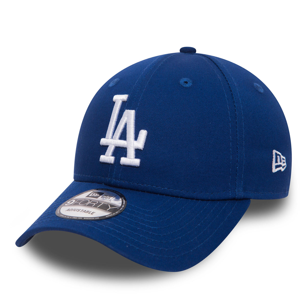 LA Dodgers Essential Blue New Era 9FORTY Cap, three-quarter view showing the white embroidered LA logo on the front panel, a curved visor with a 9FORTY size sticker, and the New Era flag logo on the left side.